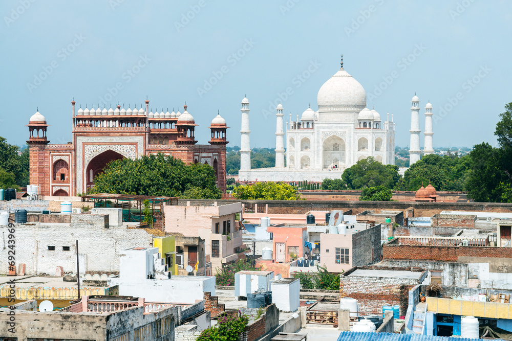 views of taj mahal from a rooftop, india