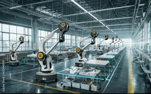 Industry 4.0 Nexus Futuristic Factory with Robotic Assembly and Virtual Interface