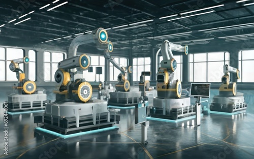Industry 4.0 Nexus Futuristic Factory with Robotic Assembly and Virtual Interface