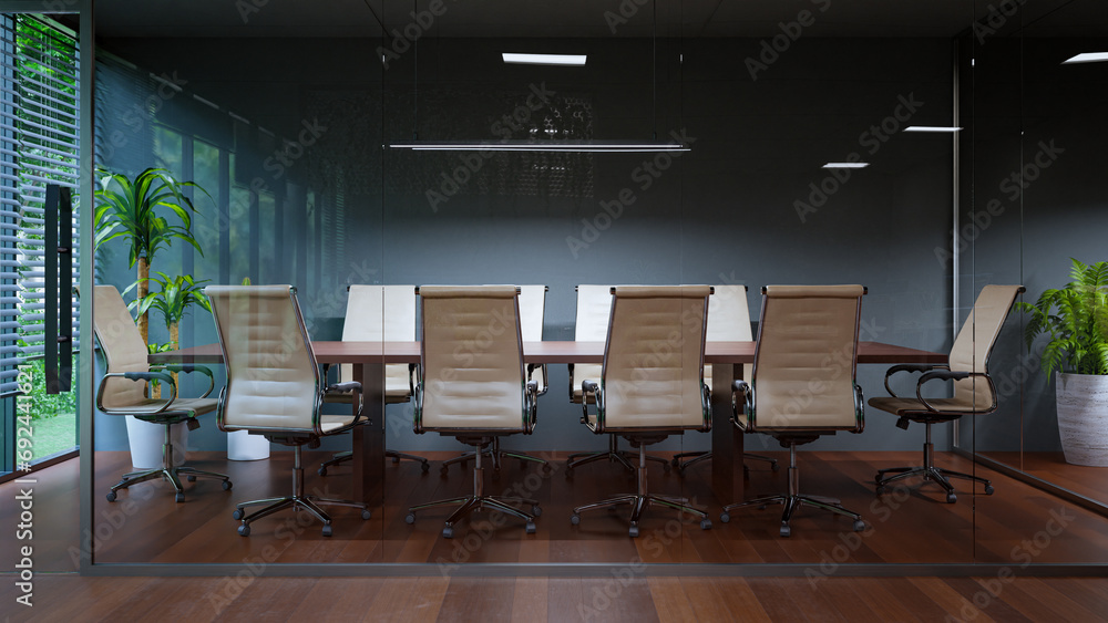 an office conference room in a glass partition, 3d rendering an office conference room in a glass partition, 3d rendering