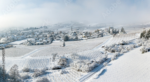 Aerial image of the snow-covered village surrounded by frozen vineyard in Hallau, Klettgau, Schaffhausen, Switzerland © Yü Lan