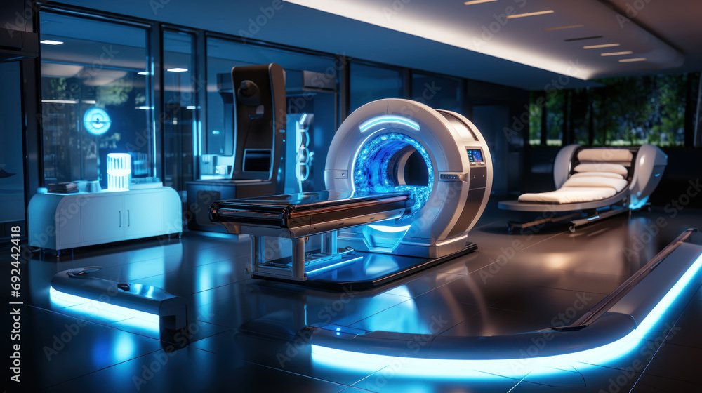 CT scanner in a modern medical clinic. MRI - Magnetic resonance tomography imaging scan device in blue. CT scanner in a modern medical clinic. MRI - Magnetic resonance tomography imaging scan device in blue.
