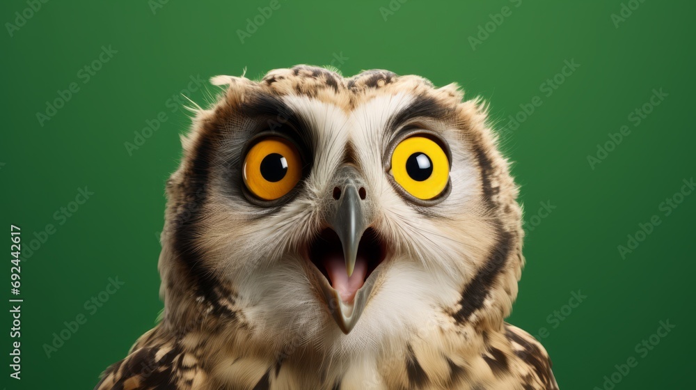 Fototapeta premium studio portrait of surprised owl, isolated on green background