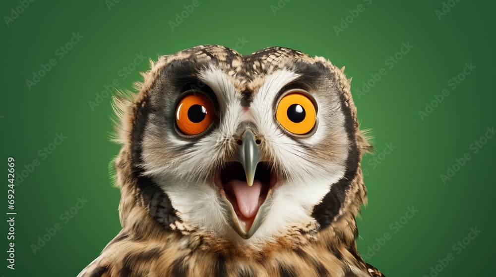 studio portrait of surprised owl, isolated on green background studio portrait of surprised owl, isolated on green background