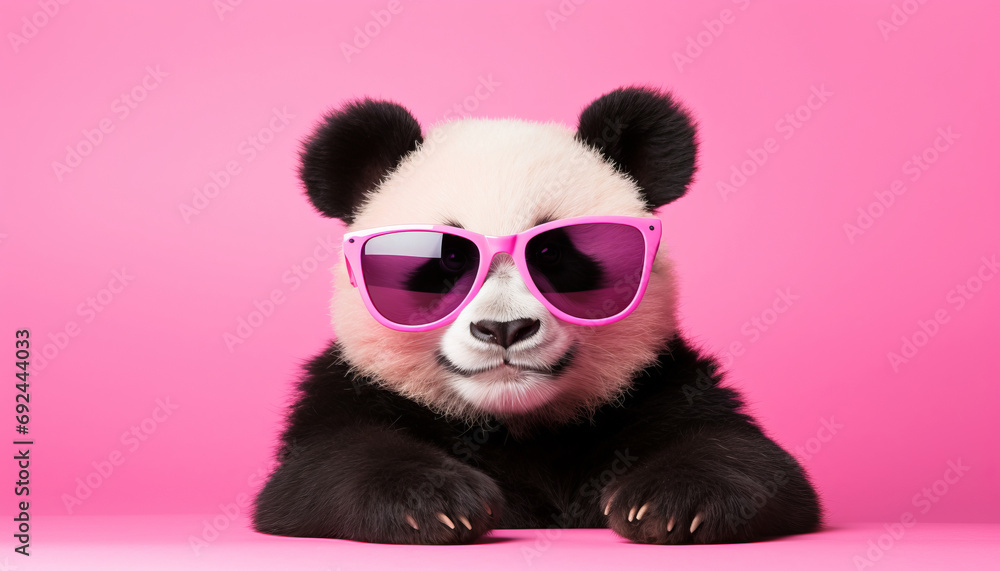 Fashionable panda in sunglasses on a pink background