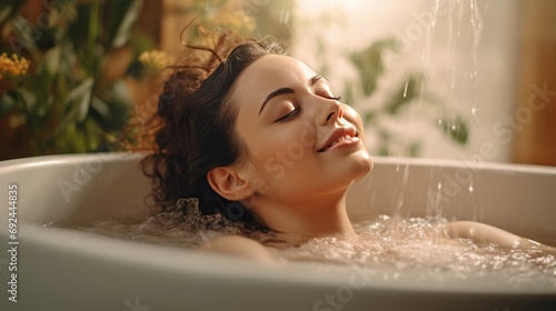 home spa relax of bathing beauty woman resting in bathtub with closed eyes