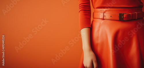 Cropped fashion image closeup detail of women's leaver clothing in bright orange color clementine. Fashionable color palette, fashion trends. photo