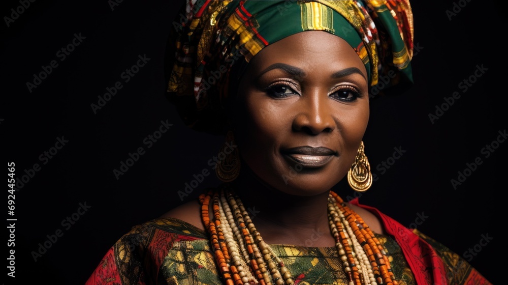 African mature woman in traditional clothes portrait. Senior adult black lady traditionally dressed in colorful clothing and head wrap. Black History Month concept..