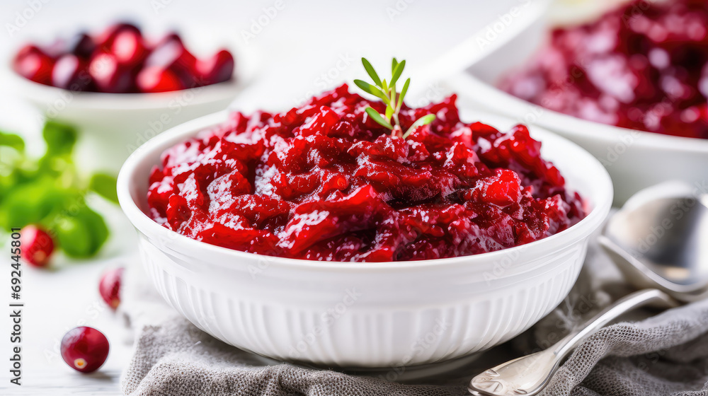 Pureed red cranberry sauce in a white ceramic plate pot on the table. Traditional Thanksgiving jam, natural berry sauce. Pureed red cranberry sauce in a white ceramic plate pot on the table. Traditional Thanksgiving jam, natural berry sauce.