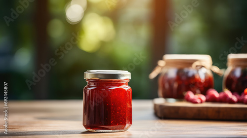 Pureed red cranberry sauce in a glass jar on the table. Traditional Thanksgiving jam, natural berry sauce.