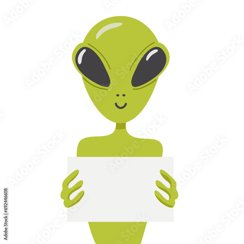 The alien is holding a blank sign. Cartoon style. Vector illustration