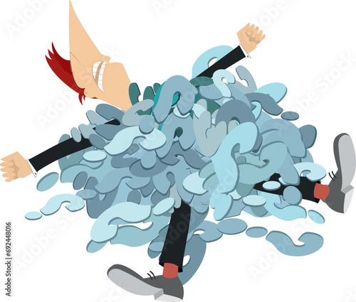 Business, science, education. Too much questions. Concept.
Man laying under a big pile of questions signs.
