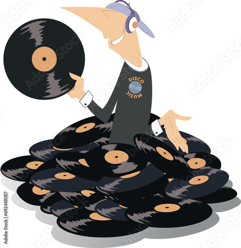 Young man holding a long playing record. Pile of records. Young man with a long play record appears from a big pile of records