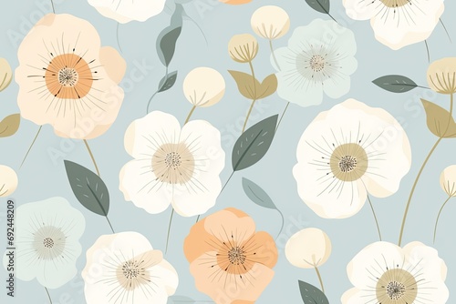 Illustrative seamless pattern using pastel tones with simple floral motifs in the style of Japanese minimalism © Hanna Haradzetska