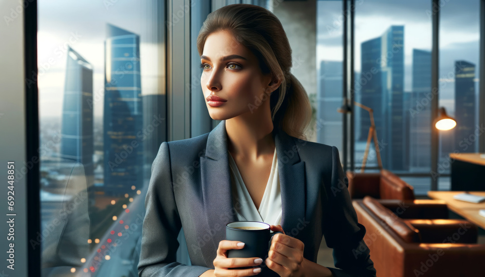 Ambition in View: Businesswoman Contemplating in Modern Office