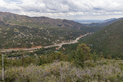 Looking over Cascade at the base of Pikes Peak, seen from the beginning of Pikes Peak Highway