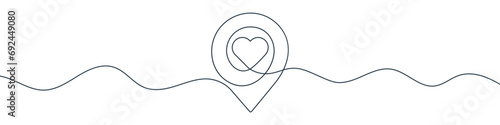 Continuous line drawing of GPS love pin. Single line map pin icon.
