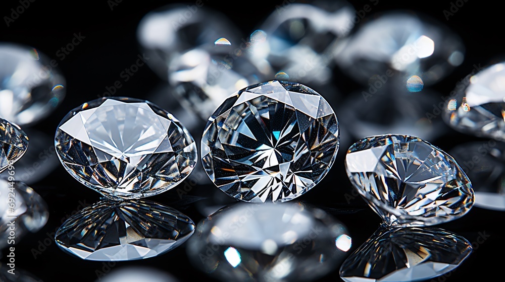 Macro view of various cut and sized diamonds on bright backdrop with ...