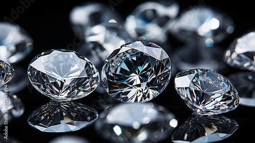 Macro view of various cut and sized diamonds on bright backdrop with shadows.