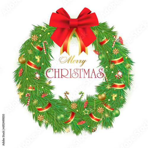 Merry Christmas square greeting card. Xmas wreath. Cute door decoration. X mas postcard design. Social media poster concept. Decorative banner with realistic 3D elements. Christmas tree decor.