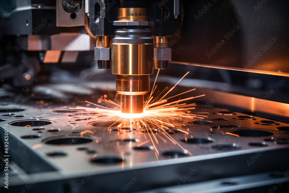 Using modern industrial technology, a CNC Laser is cutting metal to create intricate details on a macro level. Using modern industrial technology, a CNC Laser is cutting metal to create intricate details on a macro level.