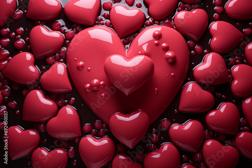 Generative AI image of glossy red hearts with water droplets photo