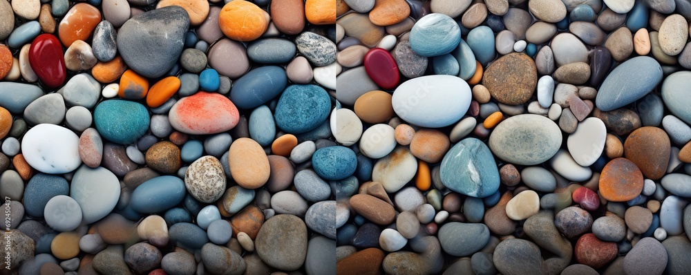 Abstract symphony of smooth pebbles on beach. Round and textured stones create harmony of shapes and patterns inviting sense of tranquility Abstract symphony of smooth pebbles on beach. Round and textured stones create harmony of shapes and patterns inviting sense of tranquility