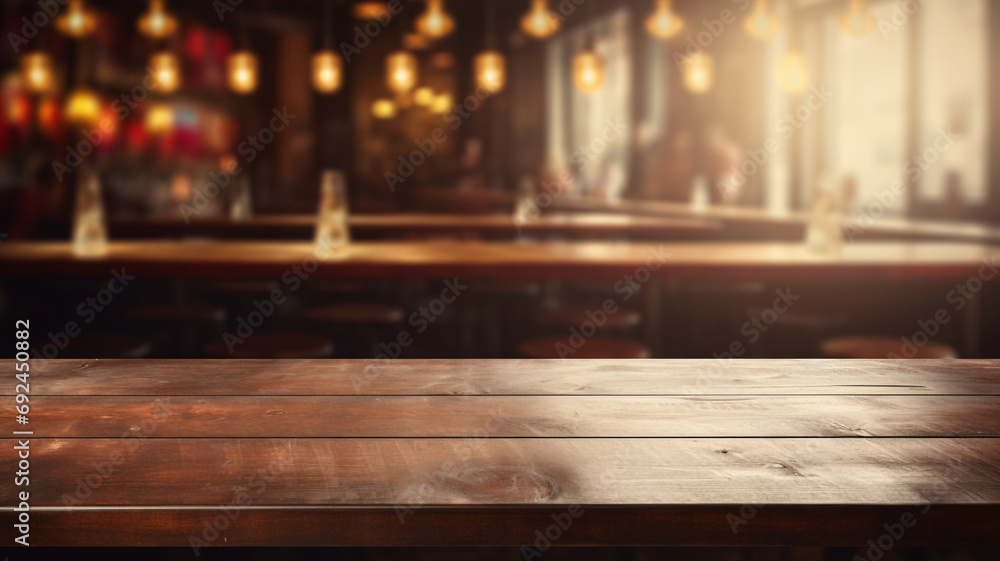 Empty table top blurred background of bar setting with bokeh lights, showcasing an empty wooden foreground, perfect for a display or montage. Empty table top blurred background of bar setting with bokeh lights, showcasing an empty wooden foreground, perfect for a display or montage.