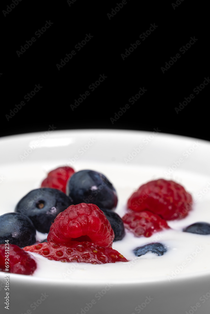 Close-up of a bowl with natural white yogurt and fresh raspberries, blueberries, strawberries on a black background, macro photography. Delicious healthy breakfast. Vertical photo Close-up of a bowl with natural white yogurt and fresh raspberries, blueberries, strawberries on a black background, macro photography. Delicious healthy breakfast. Vertical photo