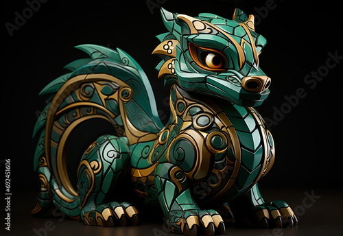 Carved green wooden dragon figurine on dark background