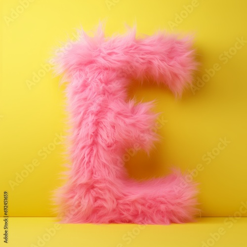 pink furry letter E on a yellow background