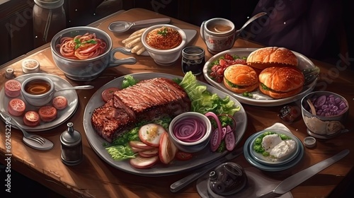 variety of food together on wooden table, top angle