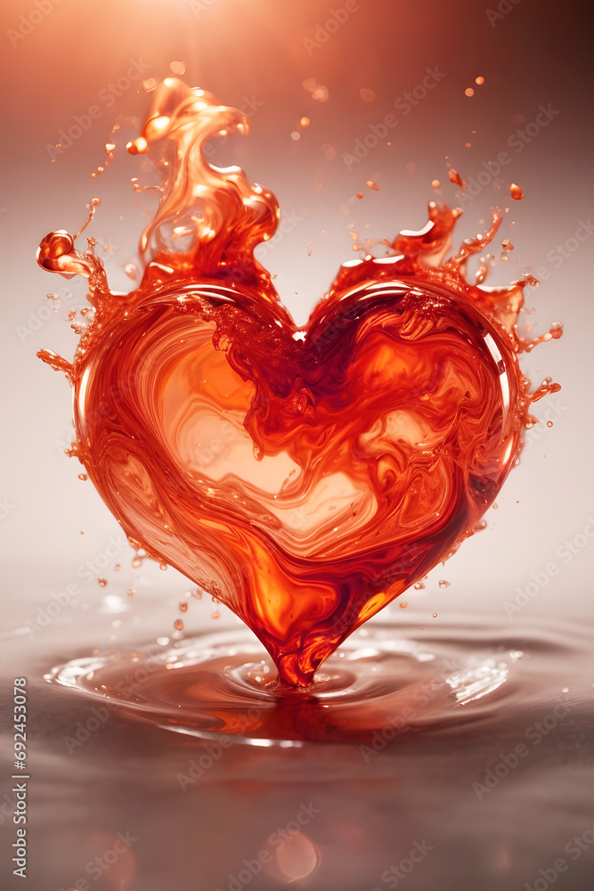 Bold red liquid heart shape against fluid white milky background. Creative love and valentine concept.