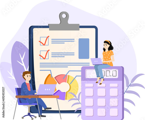 Accounting staff illustration. Accounting department composition with financial documents folders reports statements tax calculator cash banknotes staff vector illustration