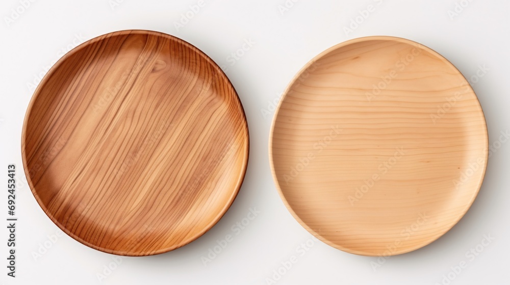 Overhead and viewpoint of vacant wooden dish on blank backdrop. - obrazy, fototapety, plakaty 