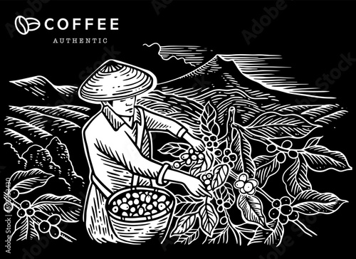 coffee tree and farmer of sketch ink drawing for label packaging, sticker, poster, promotion, banner, t-shirt, tote bag, label packaging sticker, background, logo, stamp.
