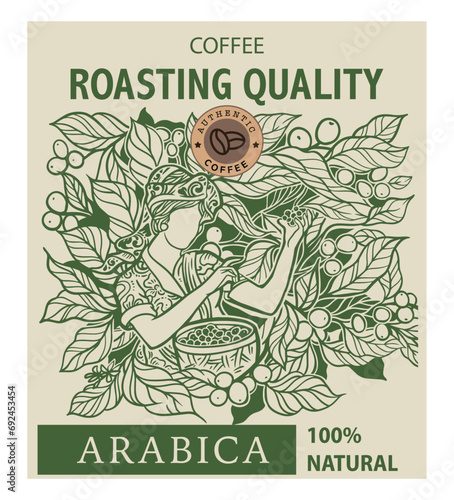 coffee tree and farmer of sketch ink drawing for label packaging, sticker, poster, promotion, banner, t-shirt, tote bag, label packaging sticker, background, logo, stamp.