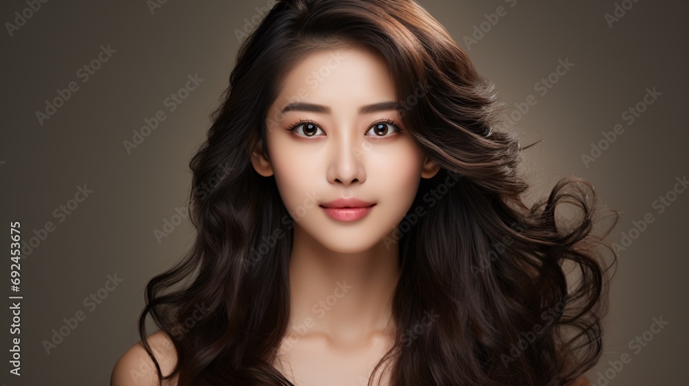 A youthful Asian woman with curly hair and Korean-inspired makeup poses against a neutral background, showcasing her flawless complexion and receiving facial care. A youthful Asian woman with curly hair and Korean-inspired makeup poses against a neutral background, showcasing her flawless complexion and receiving facial care.