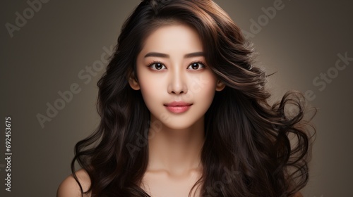 A youthful Asian woman with curly hair and Korean-inspired makeup poses against a neutral background, showcasing her flawless complexion and receiving facial care.