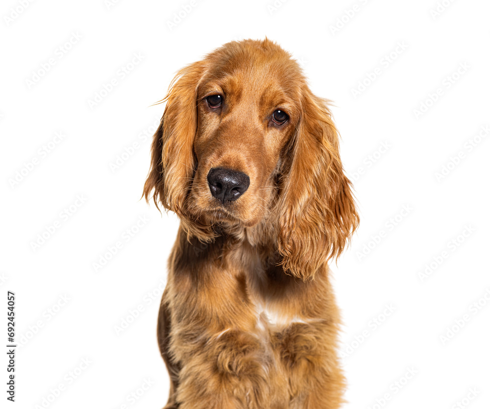 Head shot of a English cocker spaniel looking at the camera, isolated on white