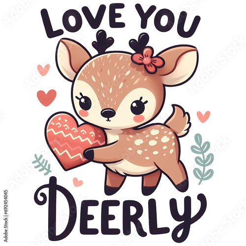 Cute reindeer cartoon illustration with text I love you deerly for valentine's day card. photo