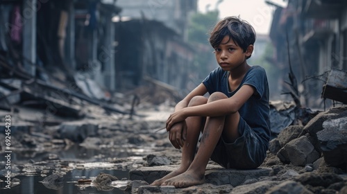 A sad boy in front of collapse buildings area, natural disaster or war victim, sorrow scenery idea for support children's right