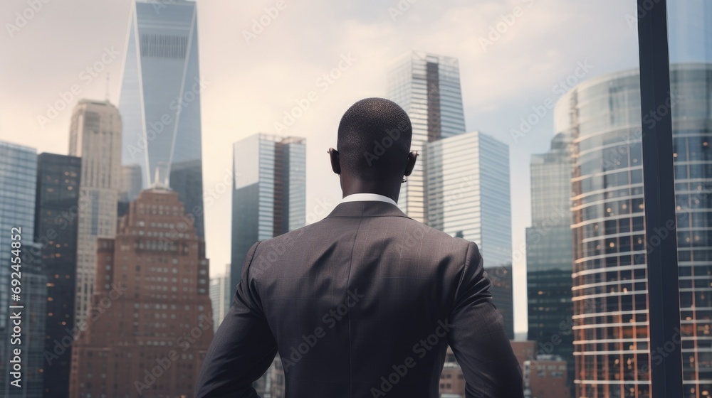 Back view of an African American businessman in a formal suit against the backdrop of skyscrapers in the business district of the city. Success and prosperity. Hard work in finance Back view of an African American businessman in a formal suit against the backdrop of skyscrapers in the business district of the city. Success and prosperity. Hard work in finance
