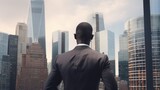 Back view of an African American businessman in a formal suit against the backdrop of skyscrapers in the business district of the city. Success and prosperity. Hard work in finance