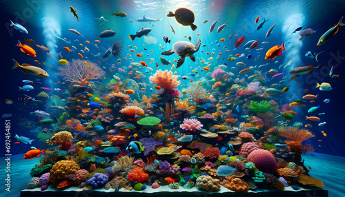 The image showcases a vivid underwater scene with a colorful coral reef, tropical fish, sea turtles, and rays, all captured in crystal-clear water