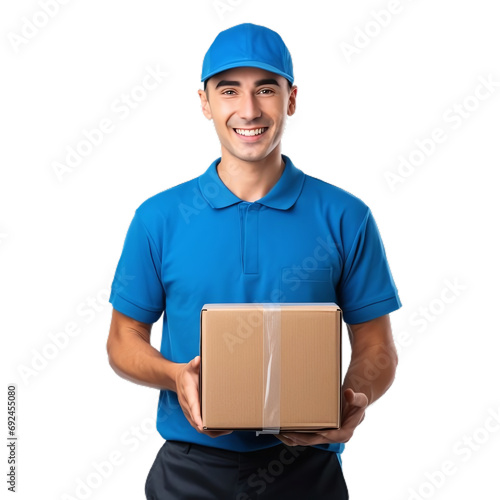 Blue Shirted Delivery Man Holding Box - Transparent Background PNG