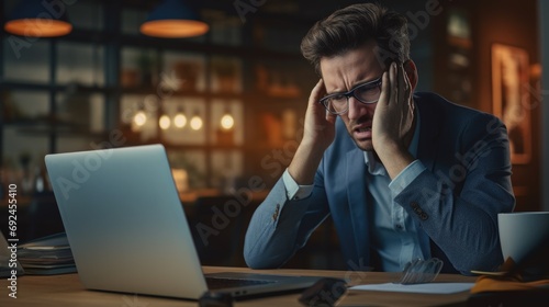 Business person sits at their office desk, engrossed in work on their laptop, stress of the job is evident as they rest their hands on their head, challenges and pressures in professional life