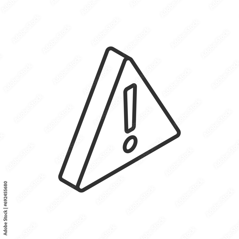 Triangular sign, linear icon, exclamation mark. Line with editable stroke. Isometric Triangular sign, linear icon, exclamation mark. Line with editable stroke. Isometric