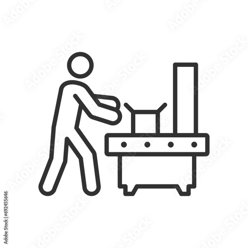 Person works with a conveyor line, linear icon. Line with editable stroke