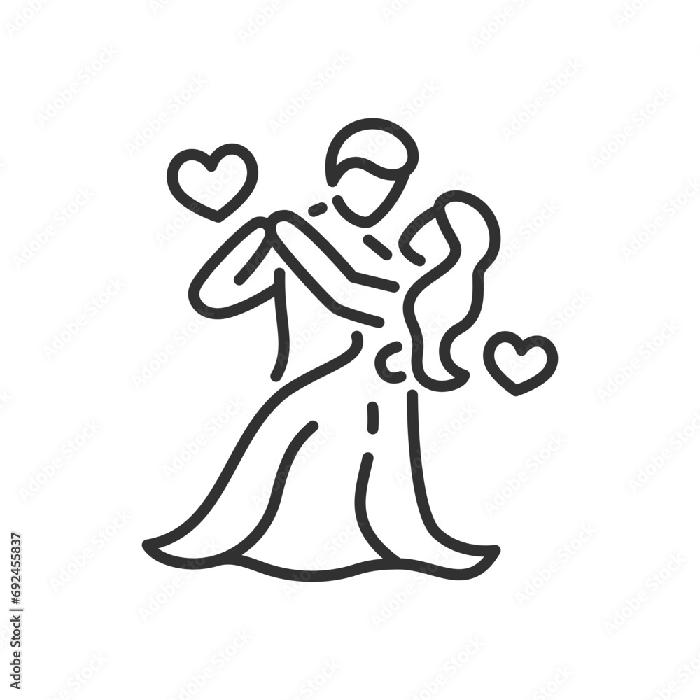 Couple dancing, linear icon. Love dance. Man in suit and woman in dress dancing. Line with editable stroke